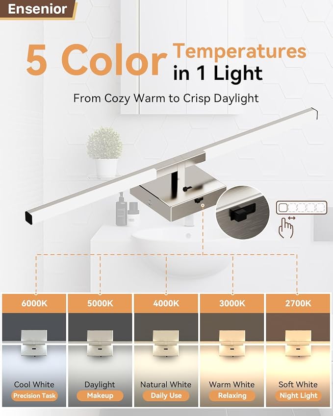 Ensenior Modern Brushed Nickel Bathroom Vanity Light 24 inch, Built-in Dimmer, 1100LM Dimmable 5CCT Led Bath Lights, Bar Vanity Light for Bathroom Mirror Cabinets Bedroom-FCC & ETL Certificated