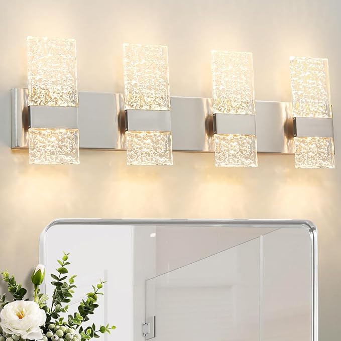 Modern Brushed Nickel 8-Lights Bathroom Vanity Light, Eleglant Nickel LED Bathroom Light Fixtures over Mirror, Dimmable Acrylic Shade Wall Lighting Fixtures, Hardwired Wall Light(H9.25in, L28.35in)