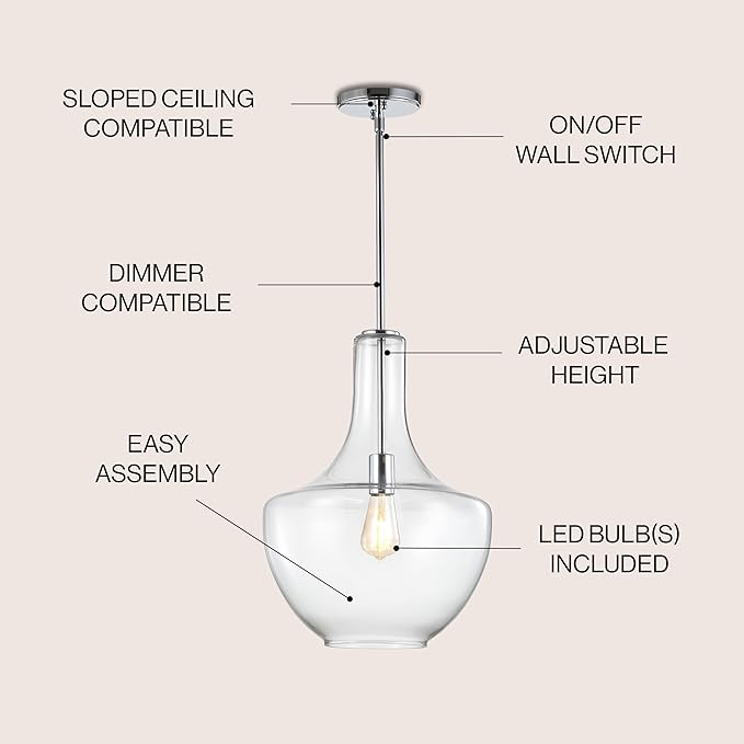 JONATHAN Y 13.25" Chrome/Clear Mid-Century Modern 1-Light LED Pendant Light Fixture, Adjustable Schoolhouse Hanging Lamp for Kitchen Island, Clear Glass Shade, LED Bulb Included (JYL6401A)