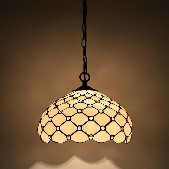 Tiffany Pendant Light Plug in Stained Glass Hanging lamp 12X12X181 Inch Hanging Lamp Living Room Bedroom Kitchen Dining Room Office(Cream Bead)