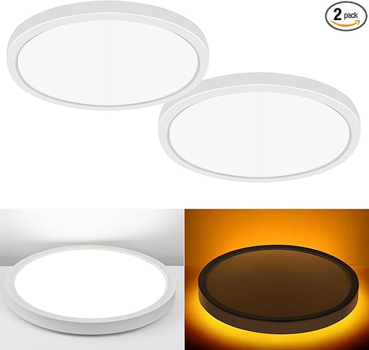 Hlite 12 Inch Flush Mount LED Ceiling Light with Night Light, 24W, 2400lm, Selectable 3000K/4000K/5000K, Flat Lights for Bedroom, Kitchen, White (2Pack)