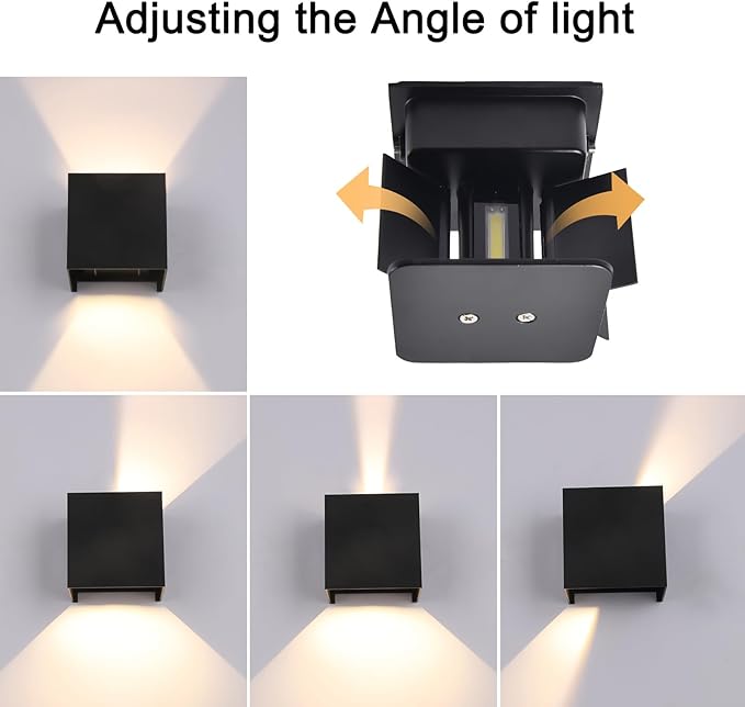 Mille Lucciole 4 Pack Outdoor Wall Lights Exterior/Interior LED Wall Sconces IP65 Waterproof Square Aluminum Wall Lamps Outdoor Lighting Fixture Up and Down Lights Modern Black 12W 6500K Cold Lights
