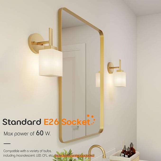 Vanity Lighting Fixtures with White Frosted Glass Shade, Brushed Gold Wall Lamps for Bathroom Mirror Bedroom Living Room Porch, 2 Pack T002GD-L1-P2
