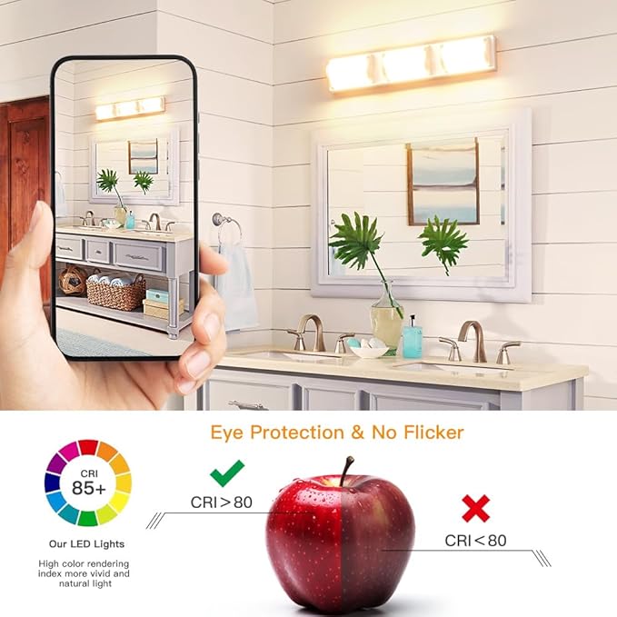 Sytmhoe Bathroom Vanity Light Over Mirror 24 Inch, Brushed Nickel Wall Mirror Light Fixture with Clear Glass Shades, LED Vanity Lighting for Bathroom, Bedroom, Makeup Room (3000K Warm White)