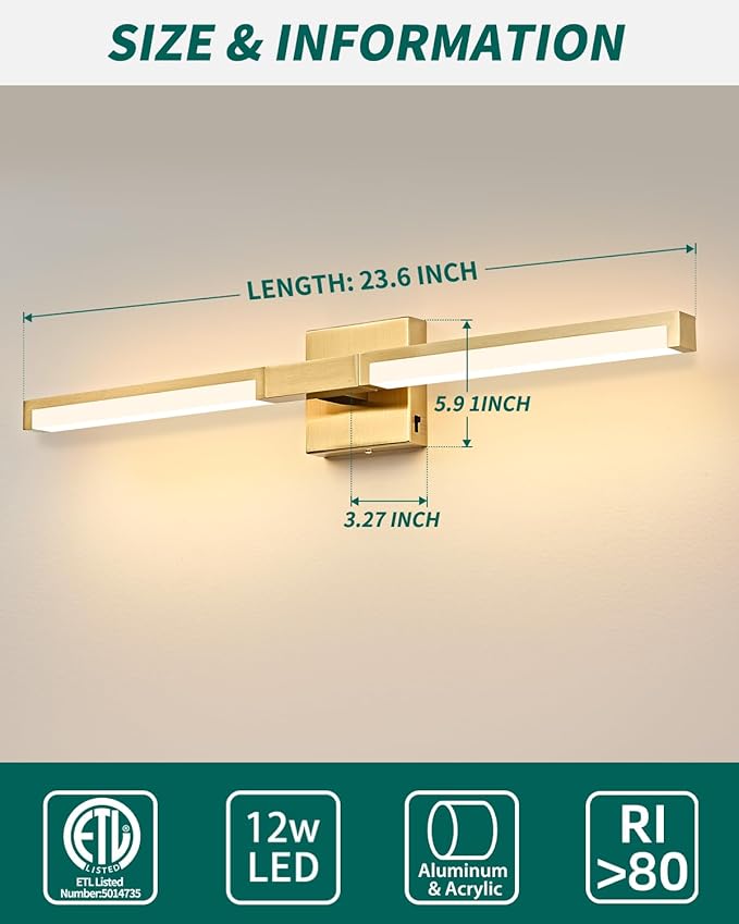 OKELI 24 Inch Bathroom Vanity Light Fixtures, Gold Modern Light Fixtures Over Mirror, 12W 5CCT Dimmable Wall Light