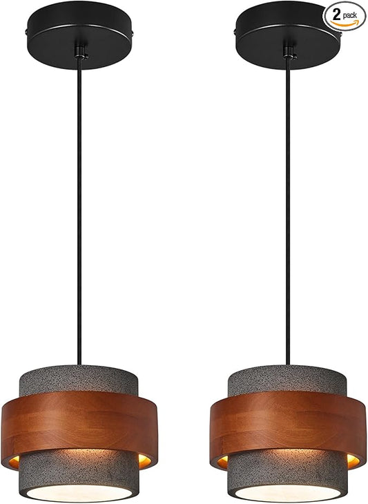 Modern Cement Pendant Light Fixture,Concrete Pendant Lights with Wood Accent,Vintage Farmhouse Chandelier for Kitchen Island Dining Room Living Room Bedroom Restaurant Cafe(Black 2-Pack)