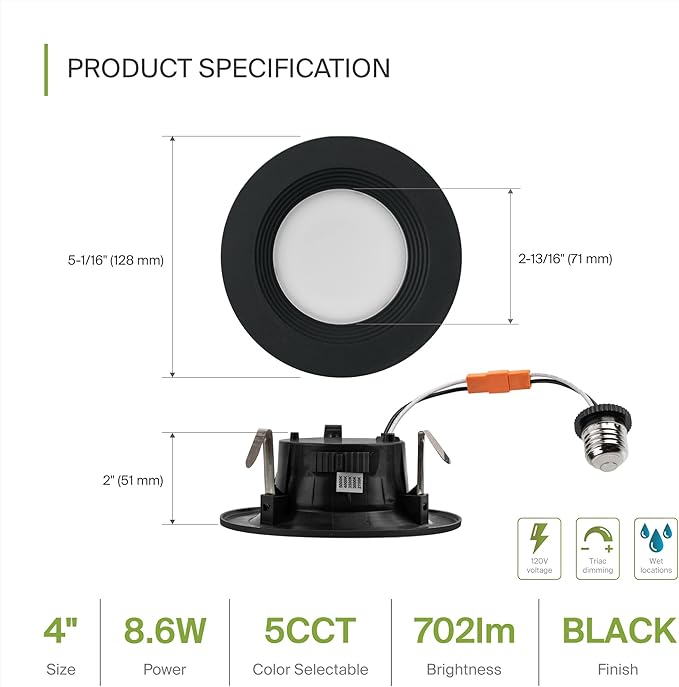ASD Retrofit LED Recessed Lighting 4 Inch | 9W 700 Lm Wet Rated Dimmable Ceiling Downlights | 2700K-5000K Adjustable CRI90 Black Room Recessed Light Fixtures | LED Can Lights, UL 12 Pack