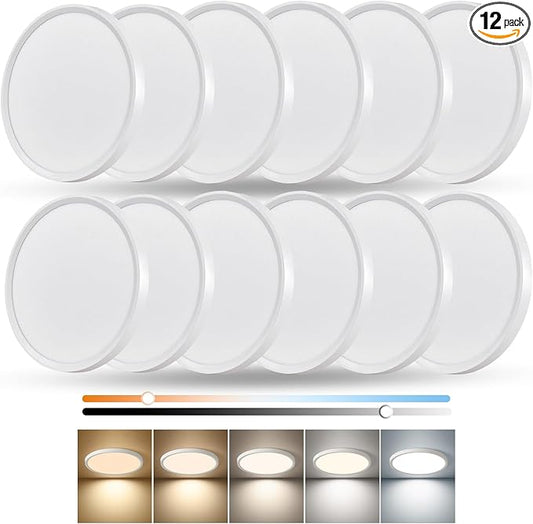 Dimmable 12Inch LED Flush Mount Ceiling Light, 24W, 2520LM, 2700K/3000K/4000K/5000K/6000K CCT Selectable,LED Round Flat Panel Light Dimmable from 5% to 100% for Bedroom,Kitchen,Hallway, White 12PK