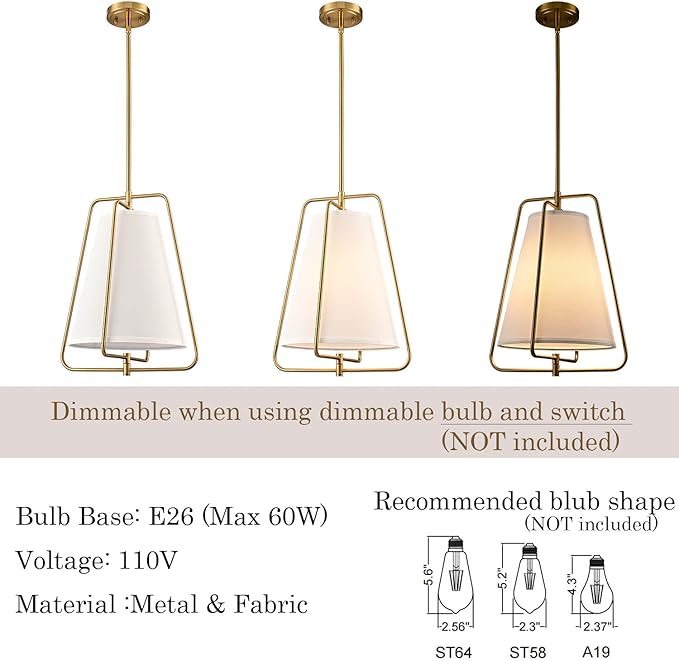 HYDELITE Vintage Gold Pendant Light with White Linen Fabric Adjustable Height Chandelier Brass for Living Room,Dining Room,Kitchen Island,Hallway
