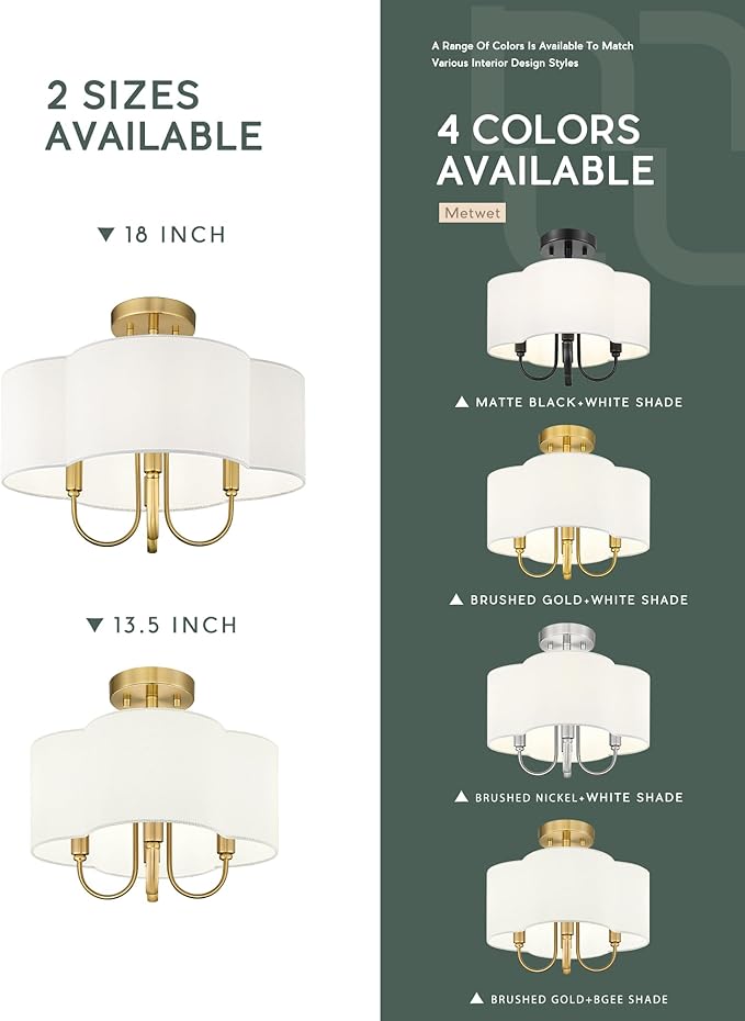 Gold Semi Flush Mount Ceiling Light, 13.5" 4-Light Light Fixtures Ceiling Mount with Beige Fabric Shade in Quatrefoil for Kitchen Nursery Entryway Hallway Bedroom, E12 Base, SM179-BG-B