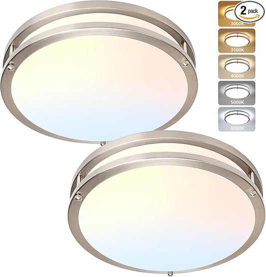 Flush Mount Ceiling Light - 2 Pack Brushed Nickel 24W 3000K/3500K/4000K/5000K/6000K Dimmable Led 10 Inch Ceiling Lamp Fixture for Kitchen (2, Brushed Nickel, 10 Inch)