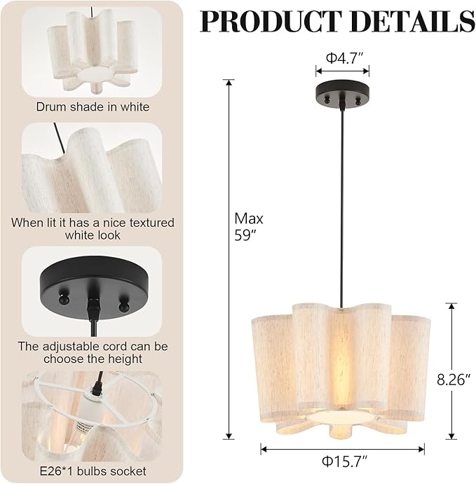 VILUXY Modern Fabric Pendant Light Fixtures 15.7’’ Farmhouse Pendant Lighting with Linen Shade Rustic Hanging Ceiling Chandelier Flush Mount Pendant Chandeleir for Kitchen Island Dining Room Hallway