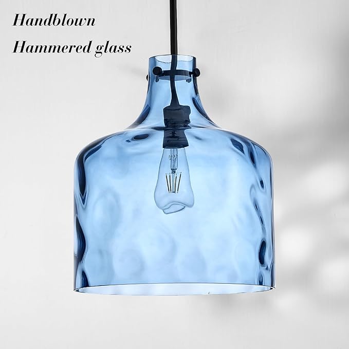 CATINER 16" Extra Large Farmhouse Pendant Light – Hand-Blown Blue Hammered Glass Shade, Black Finish, Adjustable Chain Hanging Light Fixture for Kitchen Island, Dining Room, Hallway