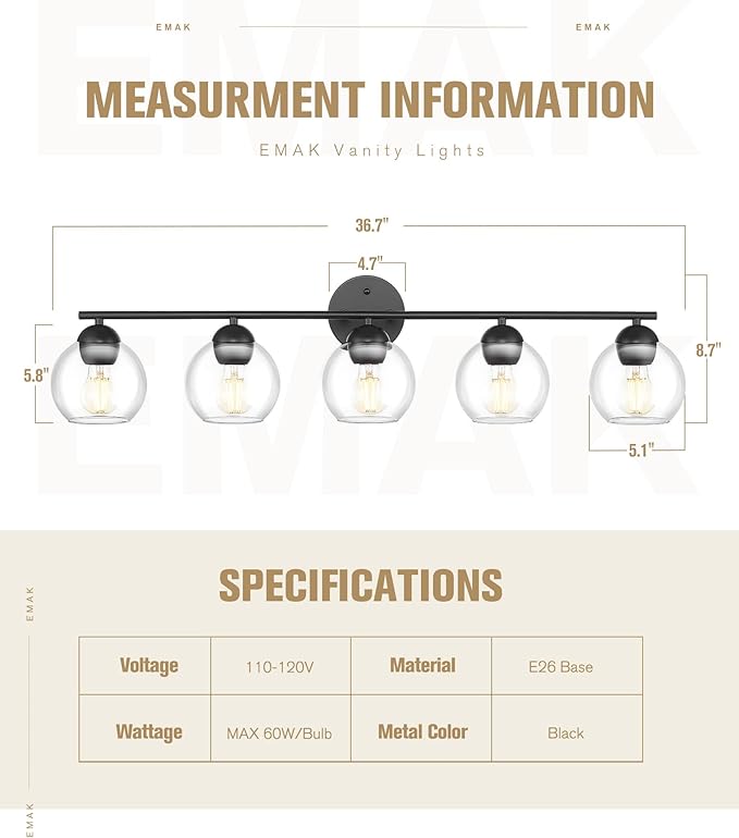 Emak 37 Inch Black Bathroom Light Fixtures Over Mirror, Modern 5-Light Vanity Lights with Clear Glass Shade, Farmhouse Globe Vanity Light for Bathroom, VL114-BK-CG-5