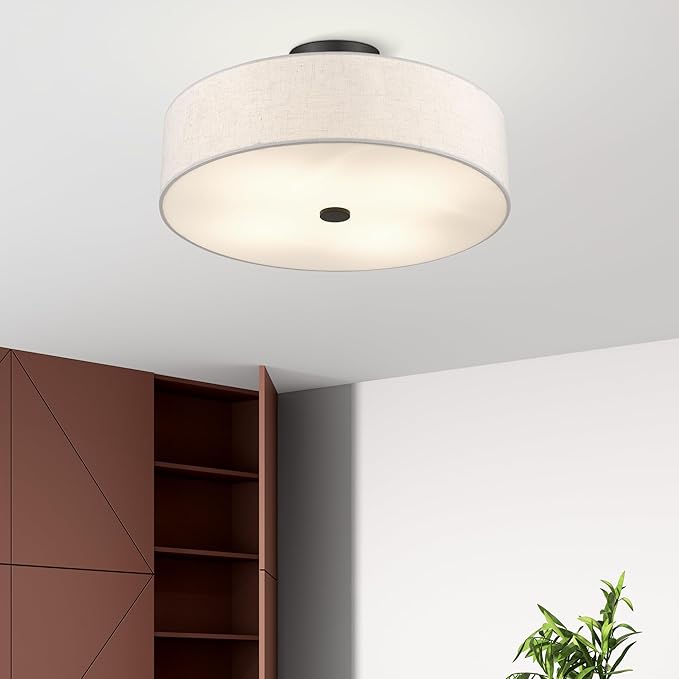 Livex Lighting 52136-92 Meridian Collection 4-Light Transitional Ceiling Mount Fixture with Oatmeal Color Fabric Hardback Shade, English Bronze