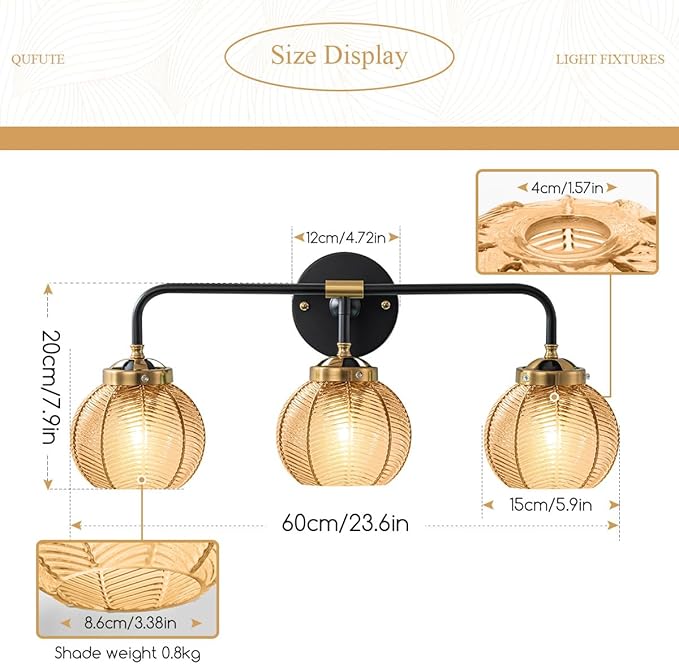 3 Light Glass Globe Wall Sconce Lights Amber Mid Century Modern Wall Light Fixtures Bathroom Vanity Lights with Ribbed Glass Shade Black Gold Wall Mount Lamp Over Mirror Bedroom