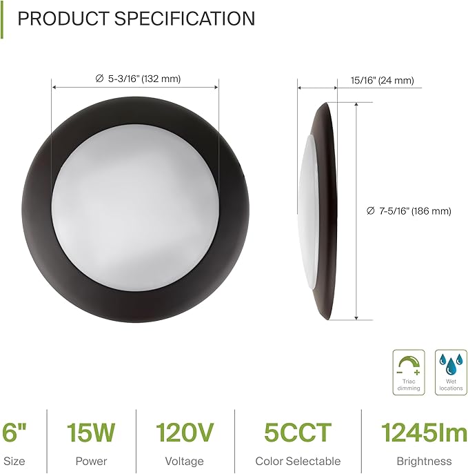 ASD 1 Pack LED Disk Lights 6 Inch, 15W 5CCT 2700K-5000K 1245LM CRI90+, Dimmable Flush Mount Ceiling Light Fixture, Low Profile Surface Mount Disc Lights, Junction Box or Recessed Can Install, UL