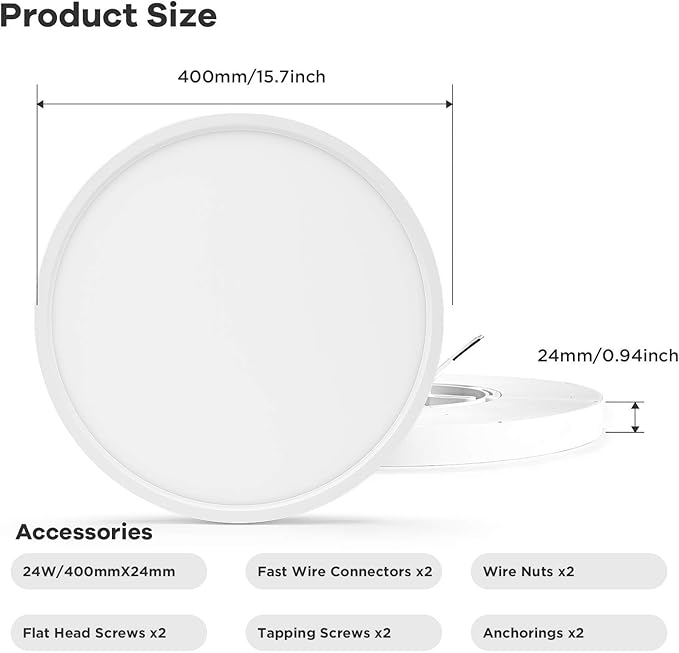 ocioc 15.7 inch LED Flush Mount Ceiling Light, 24W 2400lm Dimmable, 3000K/4000K/6500K Selectable, Low Profile Round Lighting Fixture for Kitchen, Child Room, Stairwell, Porch White