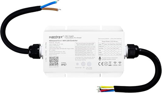 LGIDTECH WL5-WP Miboxer LED Strip Light 5 in 1 Controller for 5050 3528,IP67 Waterproof,Smartphone APP Control Without Extra Hub.Amazon Alexa Google Home Assistant Voice Control,DC12-36V,240W-720W