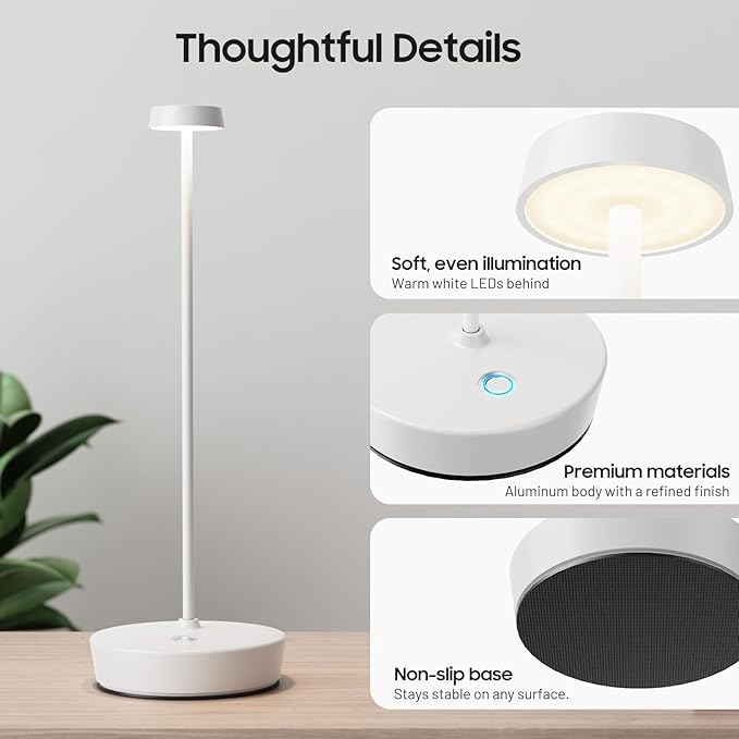 Cordless LED Table Lamp，Rechargeable Battery Desk Lamps, 3 Color Stepless Dimmable Metal Battery Table Lamps, Portable Waterproof Table Light for Restaurants/Bedroom/Bar (White)