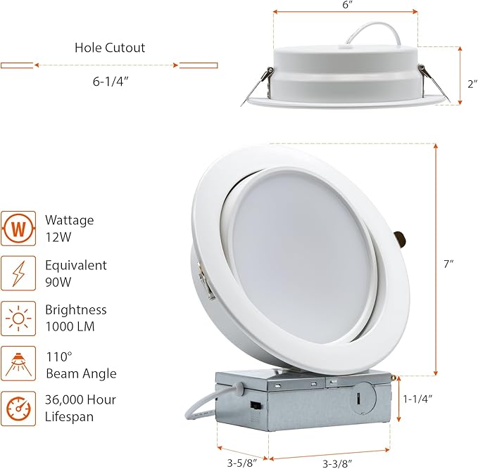 PROCURU [1-Pack] 6-Inch Gimbal Heavy Duty 12W (7" Trim) LED 2700K-6000K 5CCT Adjustable, Rotate & Swivel Ultra-Thin Recessed Ceiling Downlight, Dimmable, AirTight IC Rated (VGB6-5W3-1P)