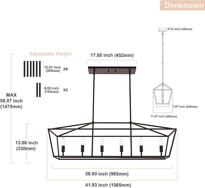 6-Light Kitchen Island Lighting, Farmhouse Dining Room Rectangle Chandelier, Hanging Pendant Light Fixture Over Table for Living Room, Oil Rubbed Bronze & E12 Bulb Base