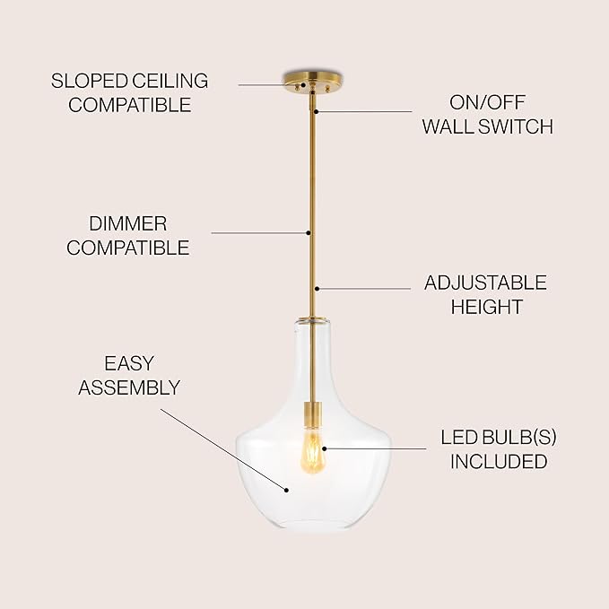 JONATHAN Y 13.25" Brass Gold/Clear Mid-Century Modern 1-Light LED Pendant Light Fixture, Adjustable Schoolhouse Hanging Lamp for Kitchen Island, Clear Glass Shade, LED Bulb Included (JYL6401C)