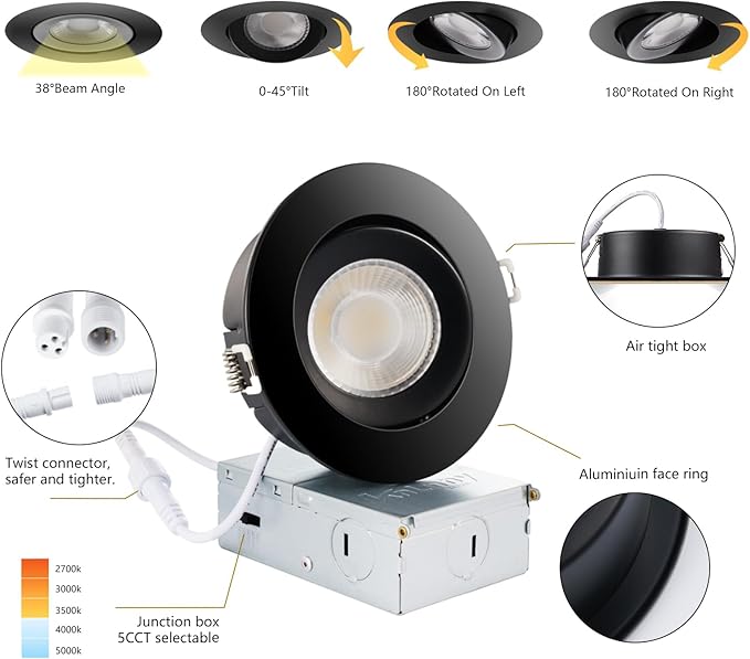 KnLnny Ware Black Gimbal recessed Lights 4 Inch 6 Pack, Gimbal canless recessed Lights with Junction Box,9W 750LM,Dimmable,5CCT Selectable,Air Tight