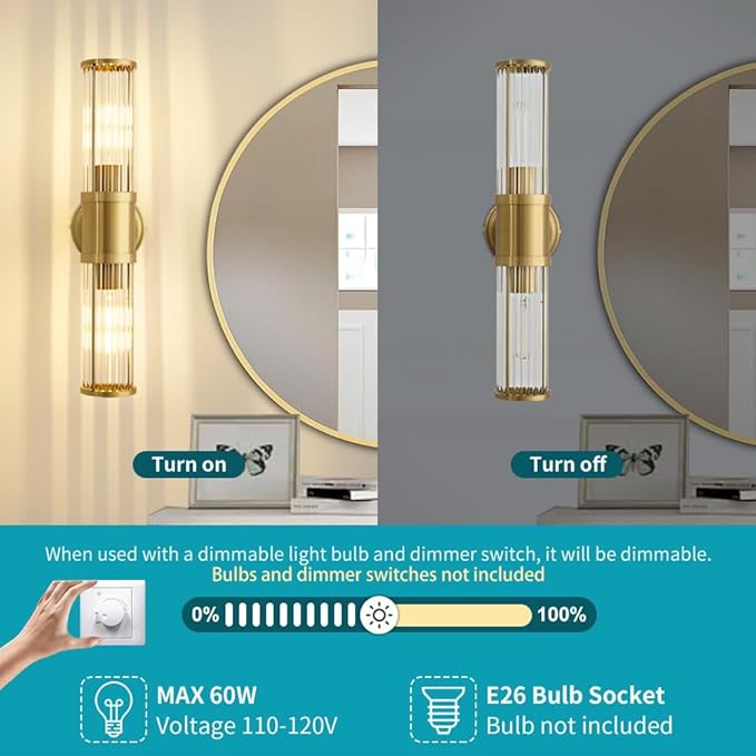 Gold Wall Sconce Bathroom Vanity Light Fixtures for Mirror, Modern Wall Light with Glass Rod Shade for Bathroom, Bedroom, Hallway, Living Room - Bulb Not Included