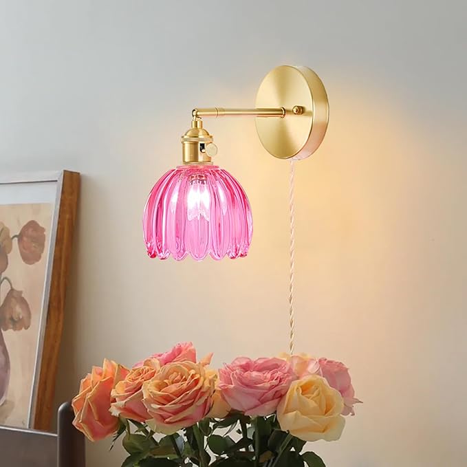 Plug in Wall Sconces Set of 2, Vintage Wall Sconce Light with Tulip Ruby Red Glass Lampshade, Bedroom Wall Sconce with Switch and Plug in wall lamp Cord, Gold Wall Light Wall Decor Set of 2