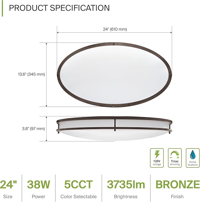 ASD LED 24" Oval Flush Mount Lighting, Close to Ceiling Light Fixture | 5CCT, Dimmable, ETL Listed | 38W 3289LM 2700-5000K 120V | Low Profile Double Ring Lamp | Dark Bronze