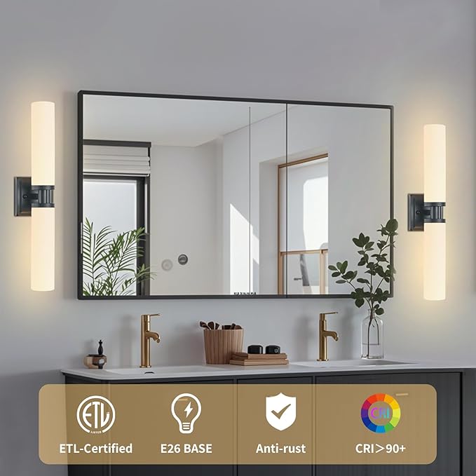 Black Wall Sconces Set of Two, Modern Bathroom Sconce with Frosted Glass, Hardwired Wall Light Fixtures for Bathroom Living Room Bedroom Hallway (Bulbs Not Included)