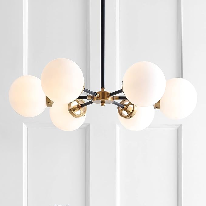 JONATHAN Y 28" Brass Gold/Black Modern 6-Light Cluster Pendant Chandelier, Clear Glass Shade Hanging Fixture for Kitchen Island Dining Room, LED Bulbs Included, Dimmable (JYL9059B)