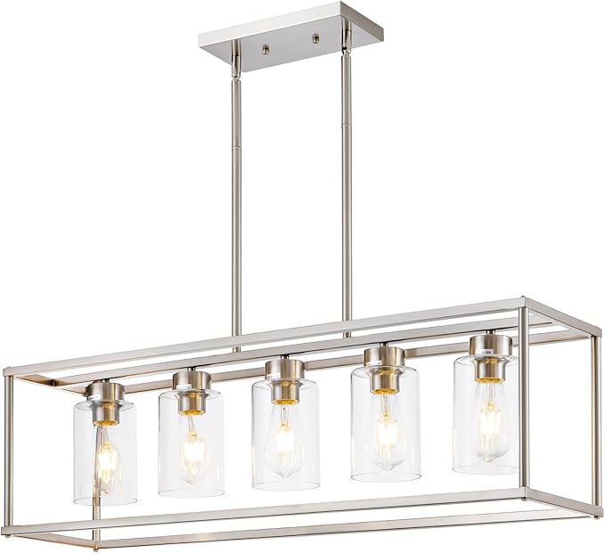 5 Light Dining Room Light Fixture Rectangular Modern Farmhouse Chandelier Brushed Nickel Linear Hanging Pendant Lighting Rectangle for Kitchen Living Room Adjustable Height with Glass Shade