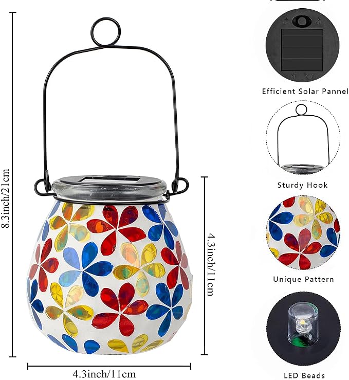 Stargarden Mosaic Solar Lanterns, Glass Hanging Lantern Waterproof Outdoor Haning Lights Flower Decorative Table Lamp for Garden ,Patio,Yard Decor