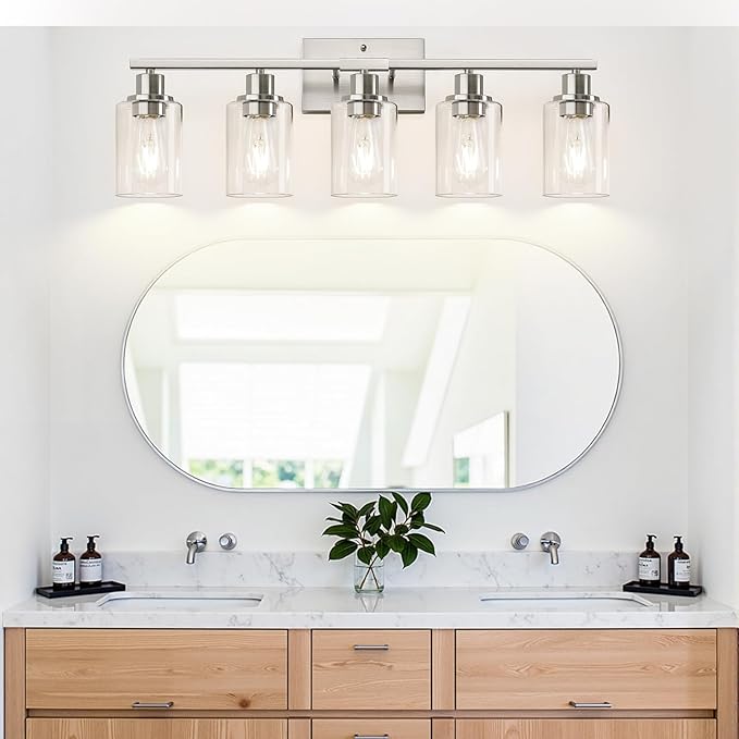 Indoi 5-Light Bathroom Light Fixtures, Brushed Nickel Bathroom Vanity Light with Clear Glass Shades, Modern Bathroom Wall Lamp for Mirror Living Room Cabinet Bedroom Porch