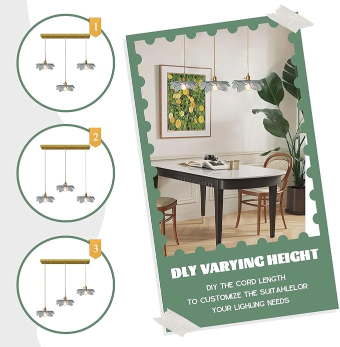 Mid Century 3-Light Pendant Chandelier – Dark Green Glass Shades & Gold Brass, Vintage Hanging Light for Dining Room, Kitchen Island, Farmhouse Living Room