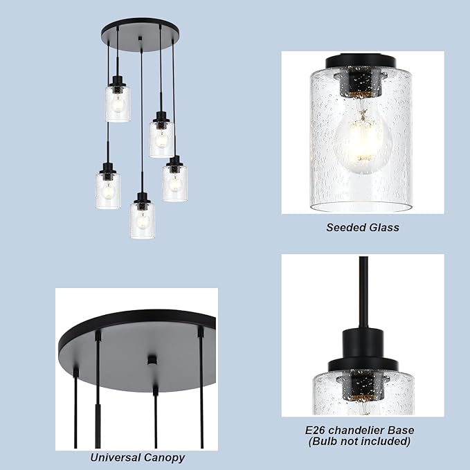 Pendant Light Fixture 5 Light Black Cluster Chandelier Seeded Glass Farmhouse Pendant Lighting for Kitchen Islands, Modern Dining Room House Foyer Entryway Bedroom Living Room Ceiling Lights