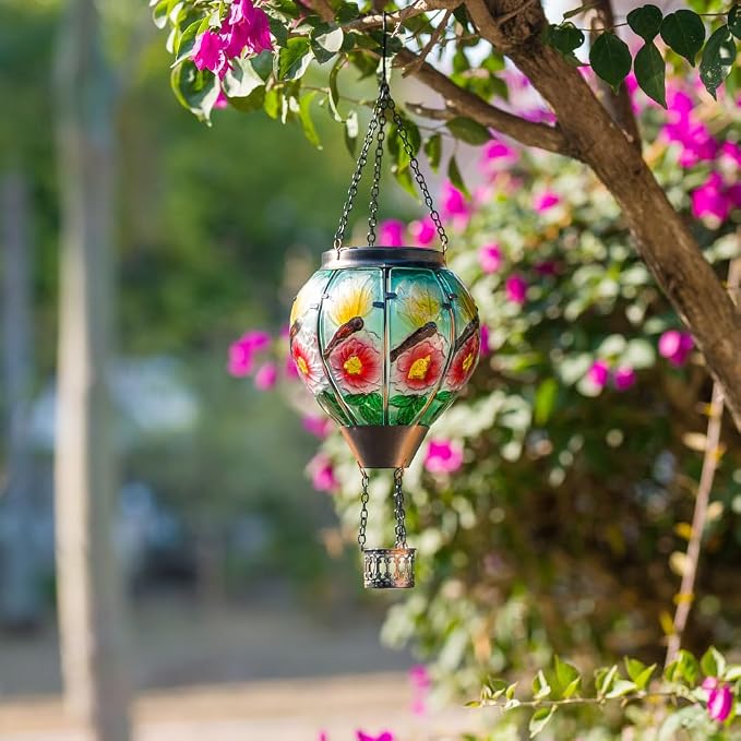 STARSOUL Dragonfly Solar Hot Air Balloon Lantern with Flickering Flame, Hanging Solar Lantern Outdoor Waterproof, Hot Air Balloon Solar Light Decorations for Garden Yard Lawn Porch Porch Backyard