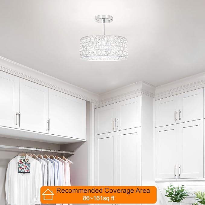 Chrome Crystal Ceiling Light Fixture - Modern Semi Flush Mount Ceiling Light for Hallway, Kitchen Lighting Fixtures Ceiling, Dazzling Prism Chandelier for Foyer Closet Bedroom, 3 Light, 12 in