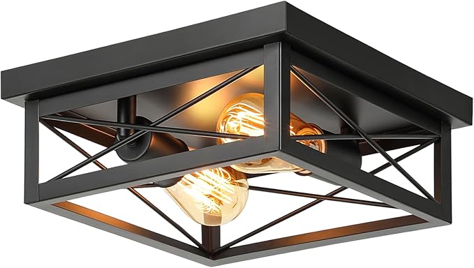 2-Light Farmhouse Ceiling Light Fixture, Industrial Square Flush Mount Ceiling Light, Modern Black Metal Hallway Ceiling Lighting Fixture for Kitchen Entryway Living Room Bathroom Porch