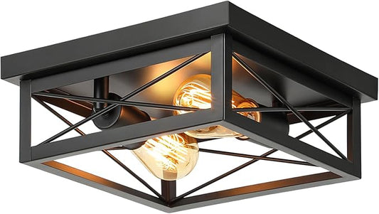 2-Light Farmhouse Ceiling Light Fixture, Industrial Square Flush Mount Ceiling Light, Modern Black Metal Hallway Ceiling Lighting Fixture for Kitchen Entryway Living Room Bathroom Porch