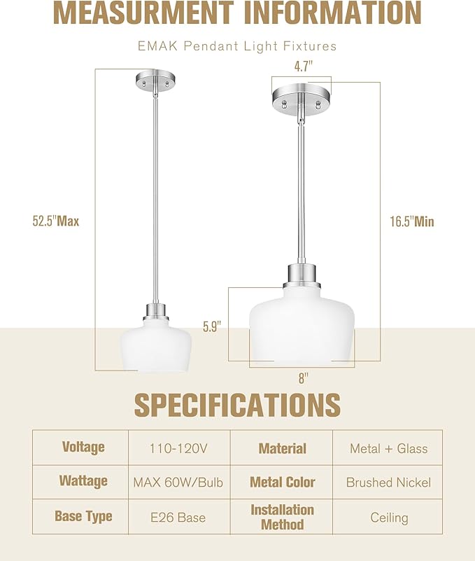 Emak Pendant Lights Kitchen Island with Milk Glass Shade, Modern 8 Inch Brushed Nickel Pendant Light Hanging Lights for Kitchen Island, Dining Room, Bathroom, Bedroom, PL122-BN-ML