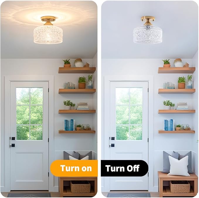 Gold Semi Flush Mount Ceiling Light, Antique Brass Ceiling Light with Glass, Indoor Close to Ceiling Light Fixture, Entryway Light Fixtures, Overhead Lighting for Hallway Kitchen Bedroom Dining Room