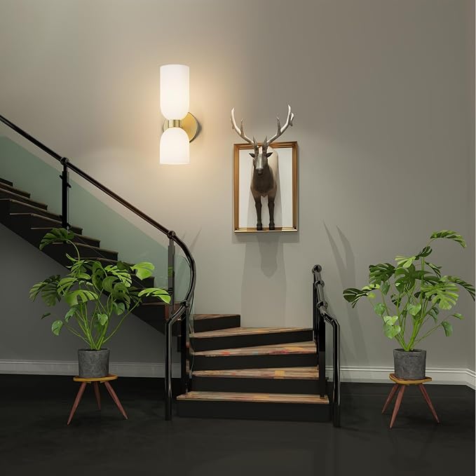 Tipace Gold Wall Sconces Set of Two,Modern Bathroom Sconce with Milky White Glass,Hardwired Wall Light Fixtures for Bathroom Living Room Bedroom Hallway,E12 Base(Bulbs Not Included)