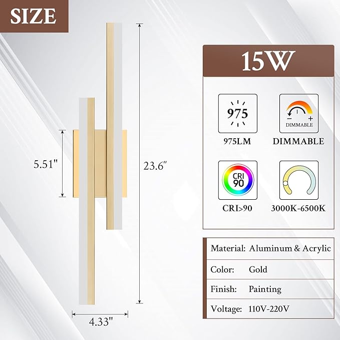 LED Wall Sconce Set of 2 Gold Remote Modern LED Vanity Lights Set of 2 Indoor Wall Light Fixtures for Living Room, Dimmable Wall Sconce for Bedside Bedroom Bathroom, 23.6inch 2 Pack