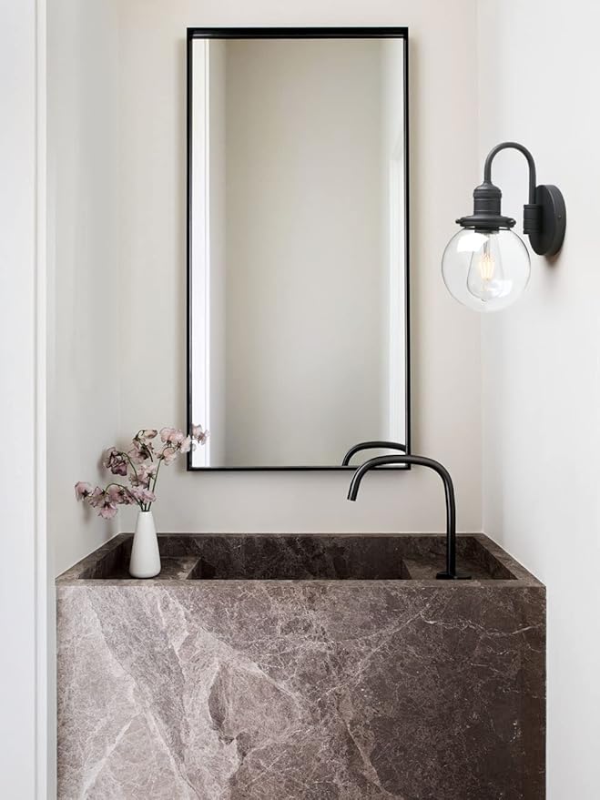 Yosoan 1-Light Brass Modern Vintage Indoor Wall Sconce, Vanity Single Luxury Hardwired Retro Textured Clear Round Globe Glass Shade with Industrial Curved Rod Bathroom Hallway Lamp(Black)