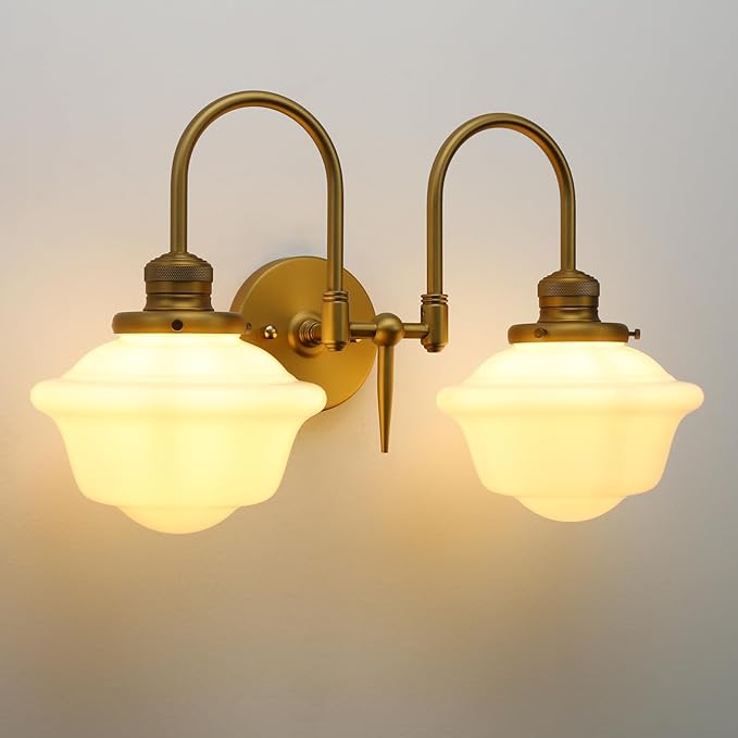 Pathson Vintage Milk White Wall Sconces, 2-Lights Hardwired Glass Bathroom Vanity Light Double Metal Curved Arms, Wall Painting Sconce Lamps Decor for Mirror, Living Room, Loft, Stairwell, Foyer