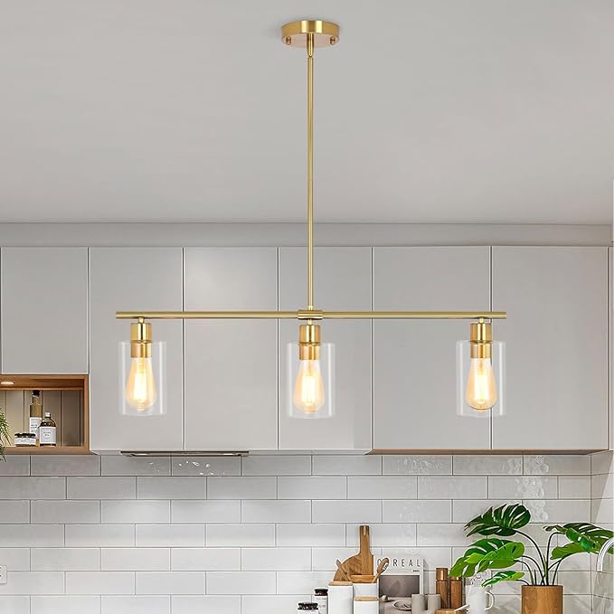 3-Light Kitchen Island Lighting, Farmhouse Dining Room Light Fixtures Over Table, Modern Gold Island Lights Over Island, 31" Linear Chandelier Hanging Ceiling Pendant Light Fixtures for Kitchen