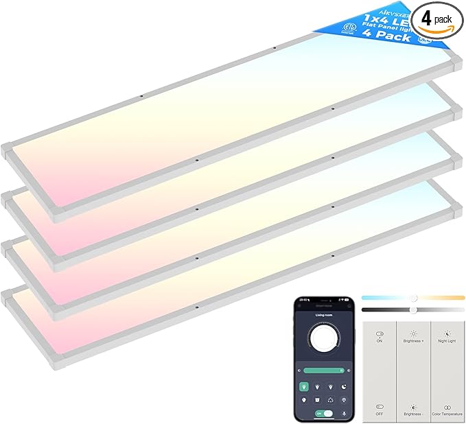 AIKVSXER 4 Pack 1x4 FT LED Flat Panel Light Surface Mount, with Wireless Switch & App Control, Night Mode, 50W 5500LM, 3000K/4000K/6500K, Ultra-Thin LED Light for Office Home,120-277V - White